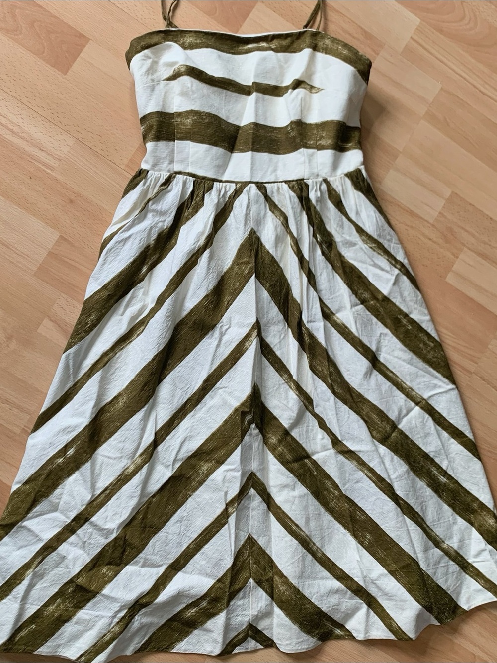 Cream and Olive Chevron Striped 2 Way Midi Dress Anthro UK 8